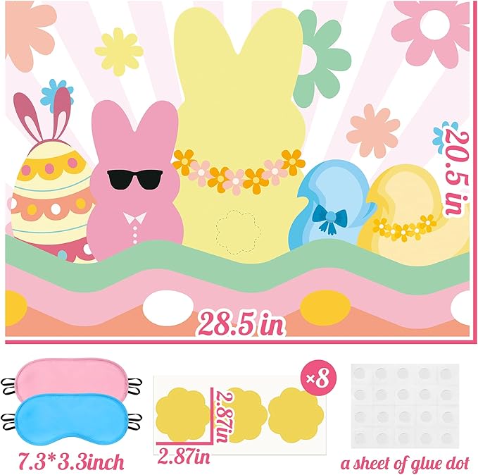 Pin The Tail On The Bunny Game Happy Easter Chick Large Poster with 24 Pcs Stickers Blindfolds Fun Classroom Entertaining Activity for Spring Egg Hunt Birthday Party Decorations Wall Decor