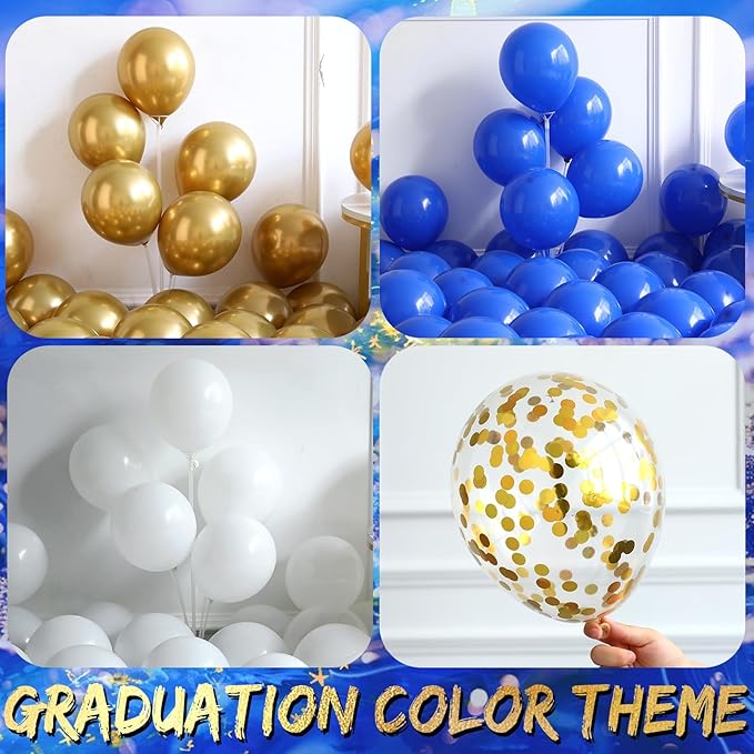 135Pcs Royal Blue Gold White Graduation Balloon Garland Arch Kit,with Explosion Star,Diploma,Trophy,Grad Hat,Photo Frame Foil Balloon for Class of 2025 Graduates Celebration Party Decoration