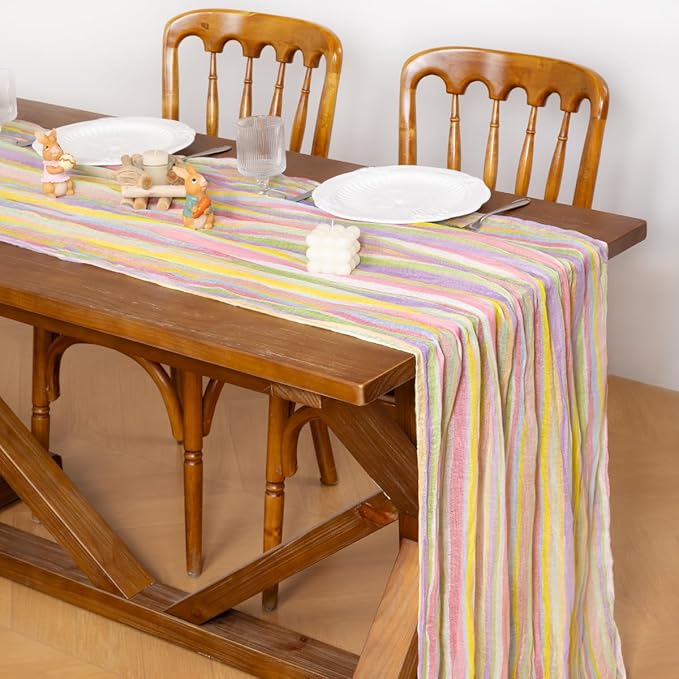 Socomi 3pcs Easter Stripe Cheesecloth Table Runner Gauze 120 Inch Rustic Boho Cheese Cloth Runner for Wedding Party Baby Bridal Shower Centerpiece Decoration Holiday Home Decorations
