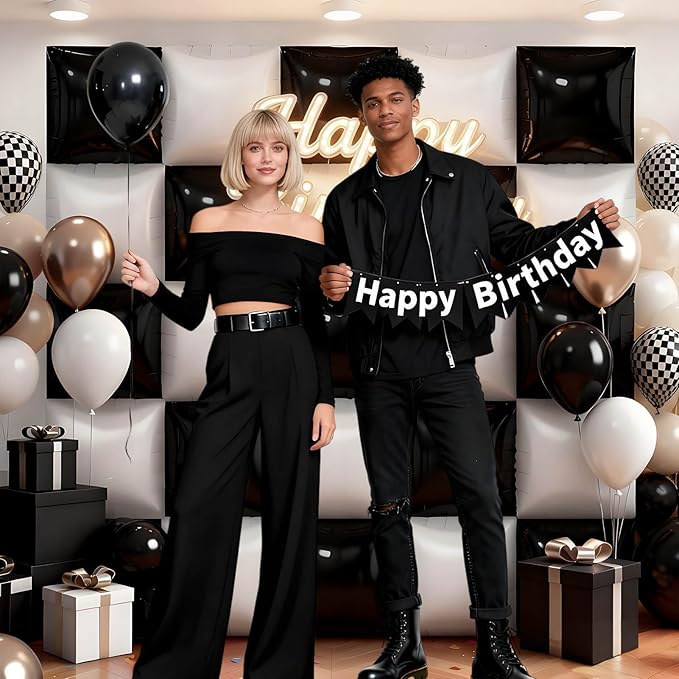 36Pcs Black and White Square Foil Balloons Wall Backdrop, Double Sided Metallic Foil Balloons Tunnel Arch Garland Kit for Photo Booth Birthday Wedding Halloween Christmas Party Decorations