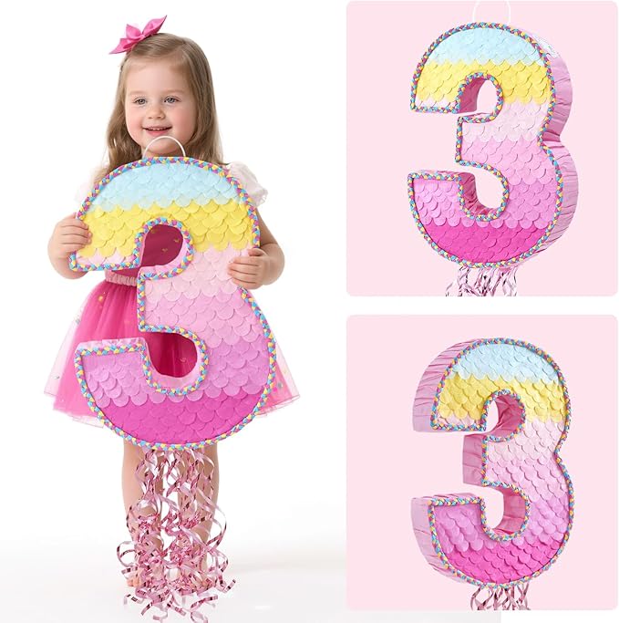 WERNNSAI Pink Sweet Three Piñata - Number 3 Piñata Happy Birthday Decoration Pink Rainbow Design Party Games for Girl Princess Baby Shower Party Favor with Blindfold Anniversary Celebration Supplies