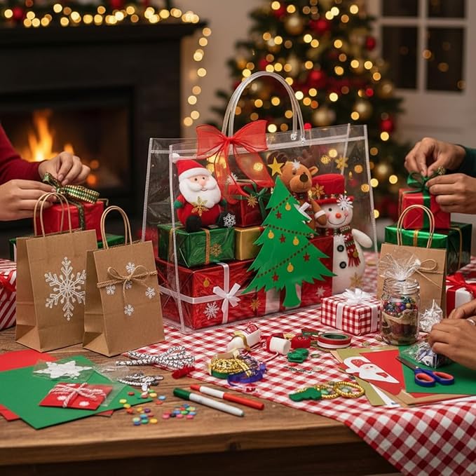 Henoyso 8 Pcs Christmas Clear Gift Bags Plastic Candy Treat Goodie Bags Red Foil Santa PVC Wrap Totes with Handles and Ribbon Xmas Party Favors (Christmas Tree,Socks,16x 6x 12 Inch)