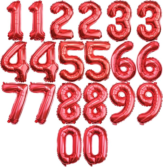 [20 Pcs] 16" Red Foil Number Balloons (2 sets of 0-9) - Mylar Aluminum Hanging Decorations for Graduation, Birthday, Christmas & New Year's Eve Parties