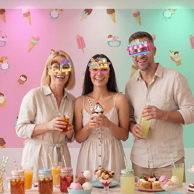 Pajean 32 Pcs Ice Cream Party Decorations Eyeglasses Ice Cream Themed Paper Glasses Summer Creams Photo Booth Props Frame 67 Birthday Decor for Sweet Summer 6 7 Birthday Party Baby Shower Supplies