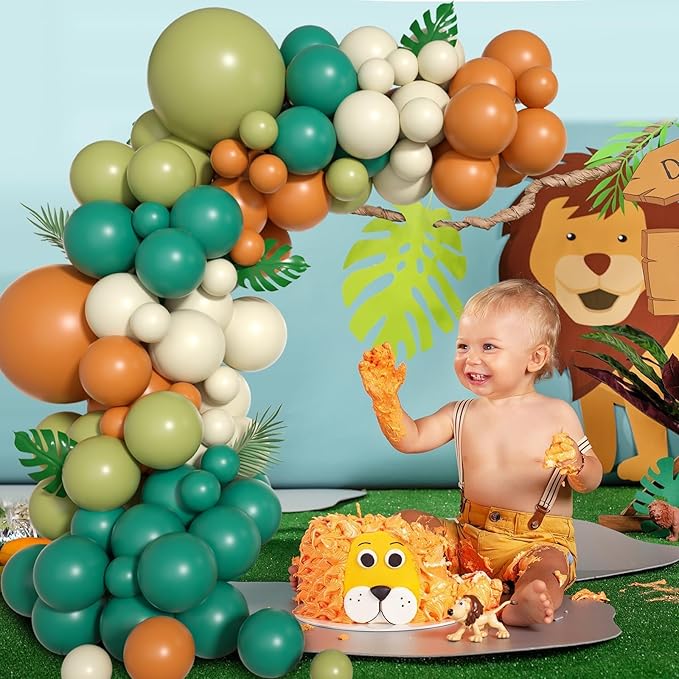 Sage Green Brown Balloon Garland Kit, 105PCS Jungle Safari with Sand White Latex Balloons, Arch for Boys Birthday Kids Party Decorations