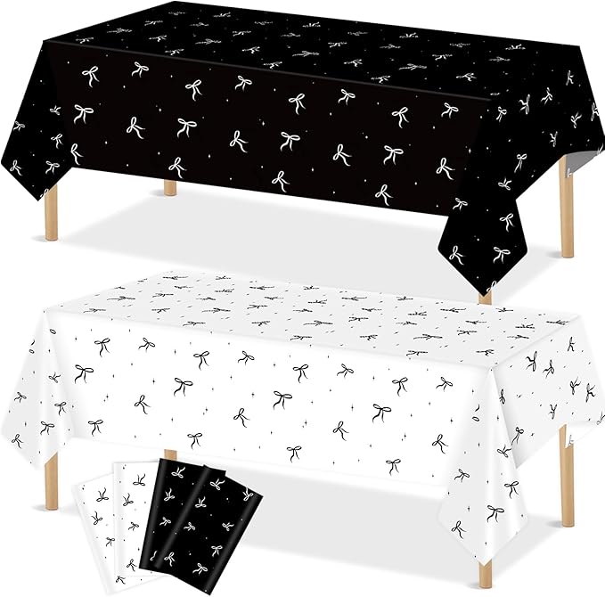 4Pcs Black Bow Birthday Party Decoration Girl Tablecloth Plastic Black White Bow Table Cloth Waterproof Rectangle Tablecover for Women Baby Shower Bachelorette Engagement Supplies 108x54in