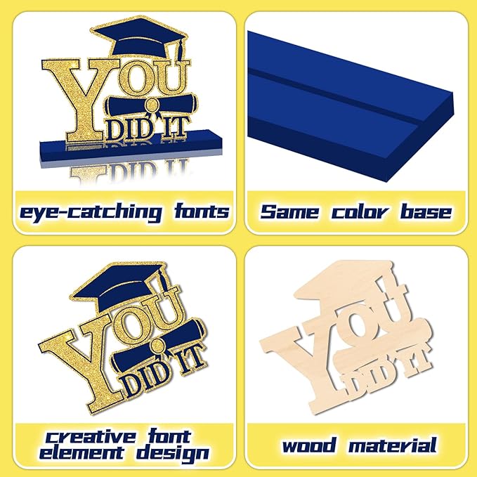 4Pcs Graduation Decorations Class of 2026 Wood Table Centerpieces Congrats Grad Wooden Sign Graduation Table Toppers Congratulate Tiered Tray Decor for 2026 Graduation Party (Navy Blue-Gold)