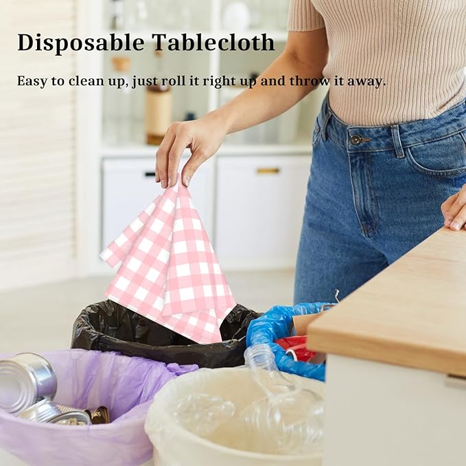 Mulbozy Pink Gingham Tablecloth 54 × 108 Inches Pink and White Checkered Table Cloth Disposable Plastic Waterproof Tablecover for Outdoor Picnic, Holiday Dinner, Birthday Party