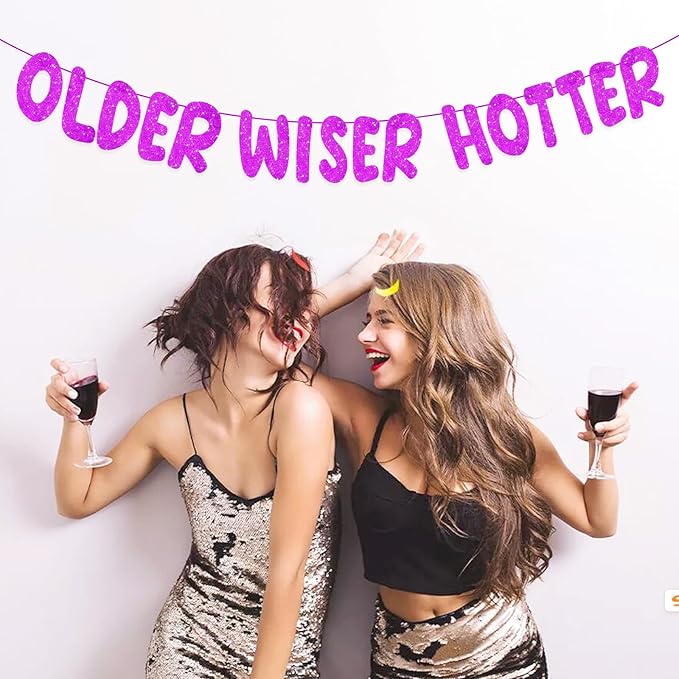 Pre-Strung Happy Birthday Banner Birthday Sign NO DIY Glitter Older Wiser Hotter Banner for Women Men 30th 40th 50th 60th 70th 80th Funny Purple Birthday Decorations (Purple)