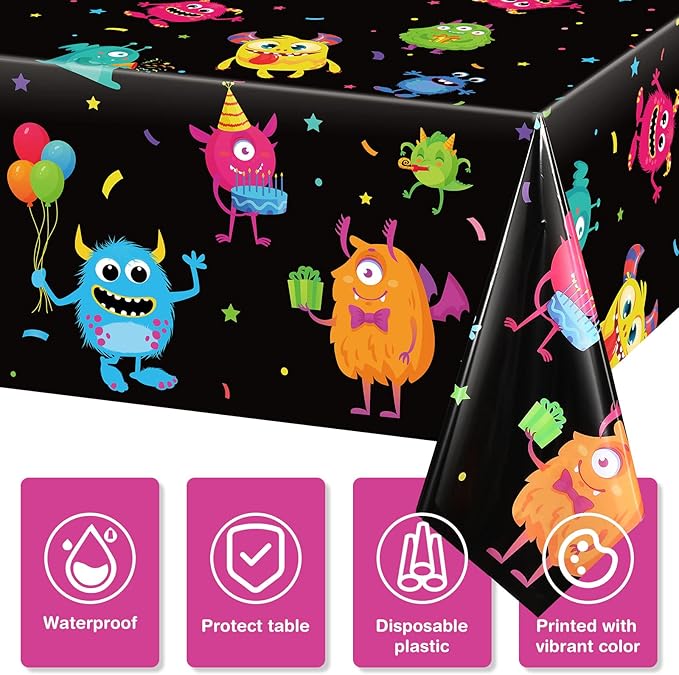 Buryeah 3 Pieces Monster Table Covers Plastic Little Monster Birthday Table Cloths for Kids Boys Birthday Party Decoration Supplies, 54 x 108 Inch