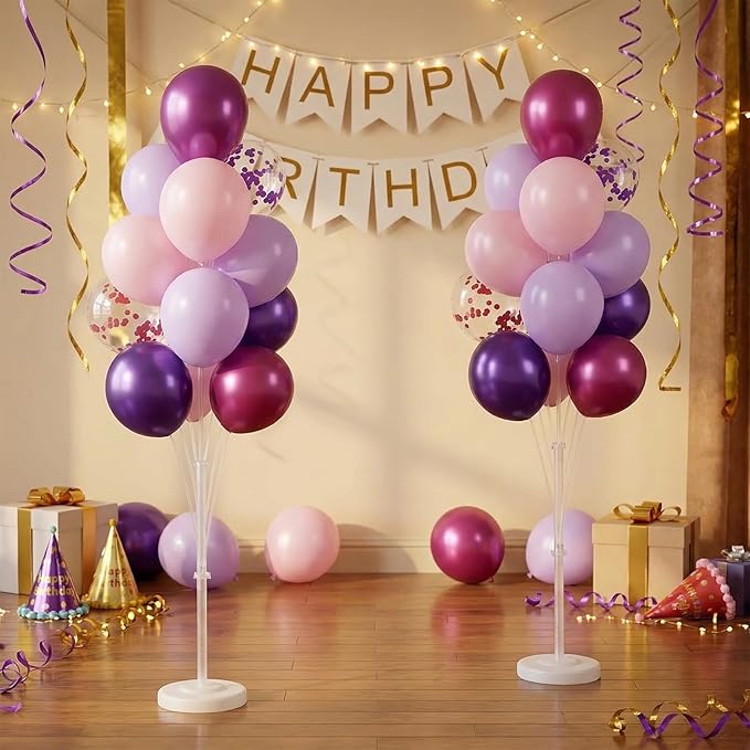 Balloon Column Stand Kit,Set of 2,Metallic&Confetti 12inch Pink Purple Balloons,Adjustable Balloon Sticks Holder with Base,Design for Adults&Children Birthday,Wedding, Baby Shower,Graduation Party