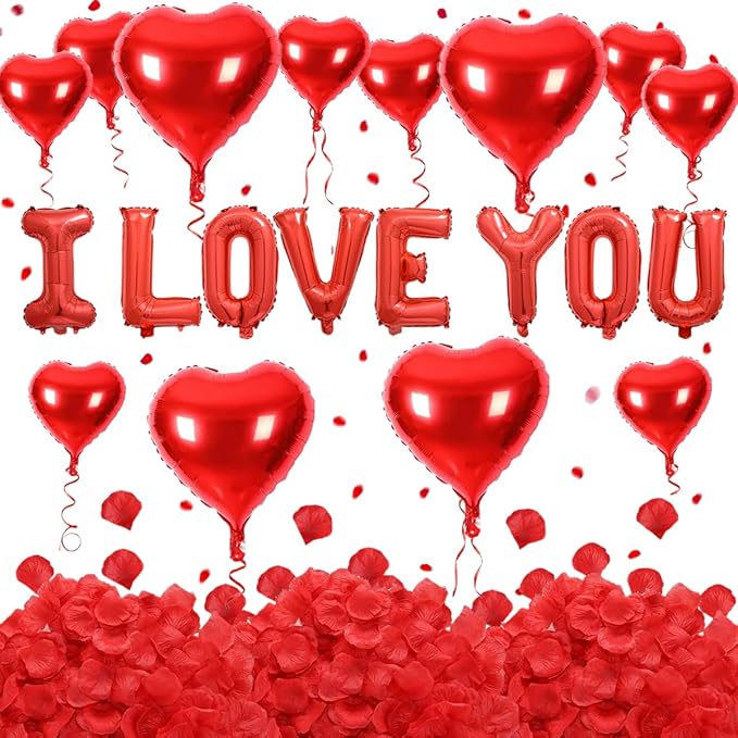 2 set 16 inch I Love You Balloons and Heart Balloons with 500 Pieces Rose Petals, Red I Love You Letter Balloon for Him/Her Valentines Day Decorations Wedding Anniversary Engagement