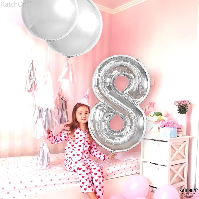 KatchOn, Giant Silver Number 8 Balloon - 40 Inch | 8 Balloon Number for 8th Birthday Decorations Boy | Silver Birthday Decoration | Number 8 Balloons for Birthdays, 8th Birthday Decorations for Girls
