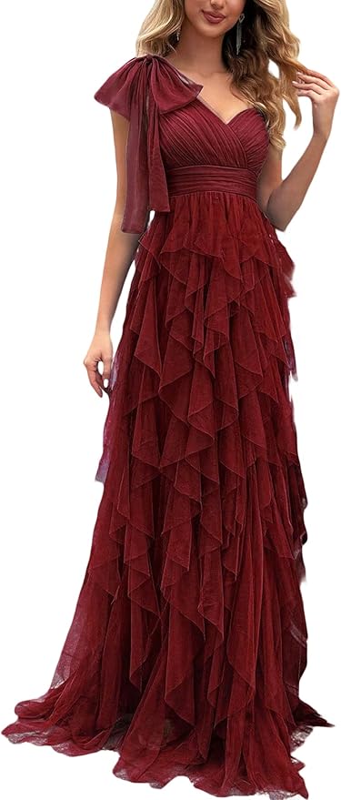 Summer Women Tulle Prom Dress Elegant Bow One Shoulder Slit Evening Party Gown Wedding Guest Bridesmaid Maxi Dress