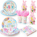 Mostop 80 Pcs Easter Tableware Set Party Supplies for 10 Guests Disposable Paper Plates, Cups, Napkins Forks Set Decorations for Easter Party Spring Holiday Picnics