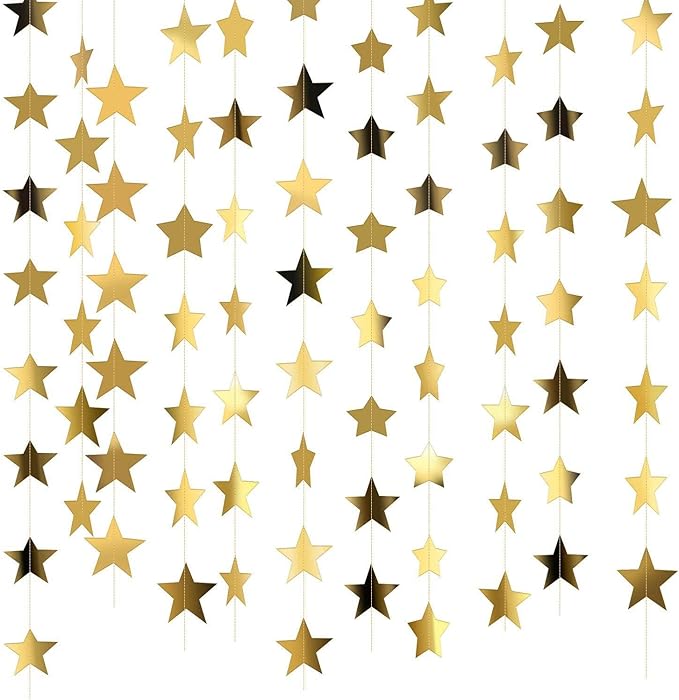 Gold Glitter Star Garland Hanging Decorations, Streamer Bunting Banner Decorations,65 Feet, Twinkle Star Backdrop for Graduation, Birthday, Wedding, Christmas Party, New Year (Gold)