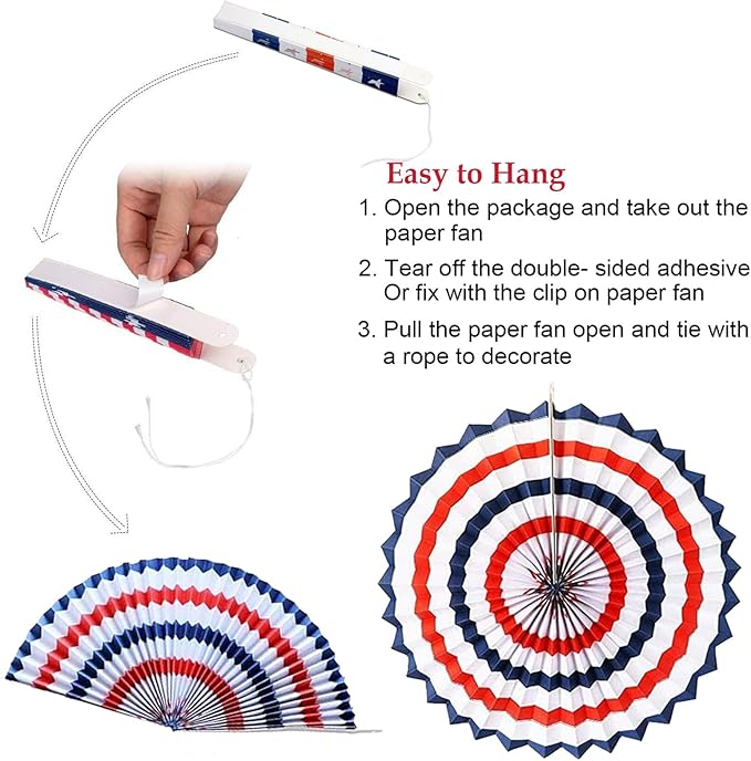 9PCS 4th of July Decorations Red White and Blue Paper Fans, USA Pennant Bunting, Star Streamers, Patriotic Tablecloth for Fourth of July Party Supplies, Memorial Day Veterans Day Patriotic Decor