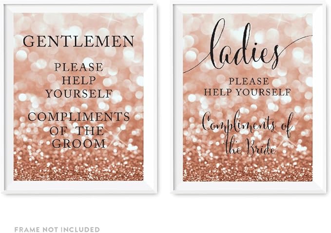 Andaz Press Wedding Party Signs, Glitzy Rose Gold Glitter, 8.5x11-inch, Ladies Gentlemen Bathroom Basket Compliments of Bride Groom, 2-Pack, Bokeh Colored Party Supplies