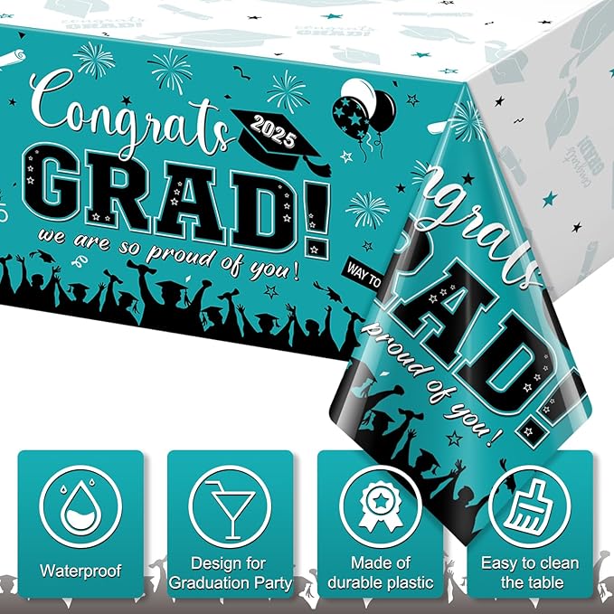 6 Pack Graduation Tablecloth Party Decorations, Class of 2026 Congrats Grad Plastic Tablecover Party Supplies, Teal Rectangle Graduation Table Decorations for College High School Party, 54 x 108 Inch