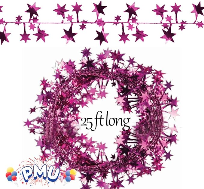 PMU 300 Ft Star Wire Shiny Garland Hot Pink - Halloween, Christmas Party, Wedding, Birthday, Festive Home Decoration Ornament Hot Pink (12pc-25Ft Each)