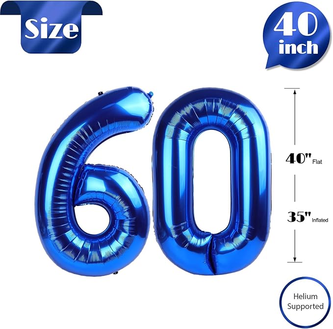 60 Balloon Number, Metallic Blue Number 60th Birthday Balloons 40 Inch, 60 Years Old Metallic Blue Birthday Decorations for Men Women, 60th Anniversary Decorations