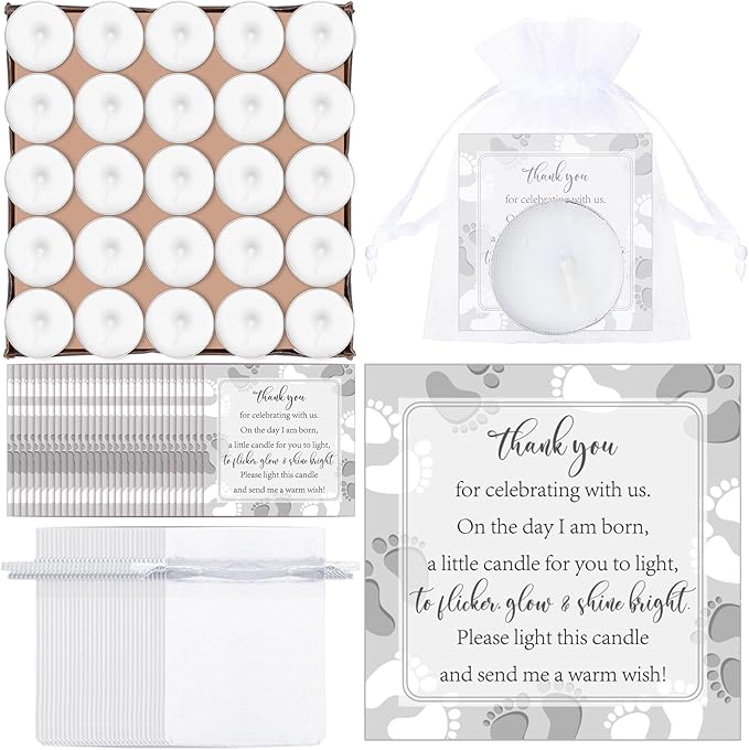 50 Sets Baby Shower Party Favors Including 50 Pcs Unscented Tealight Baby Shower Candles Gift Bags Cards for Gender Reveal Party Supplies(White Silver)