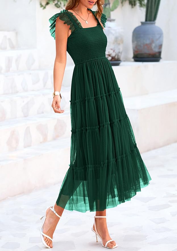 PRETTYGARDEN Women's Summer Tulle Midi Dress Sleeveless Smocked Ruffle Flowy Mesh Dresses Party Wedding Guest Sundress