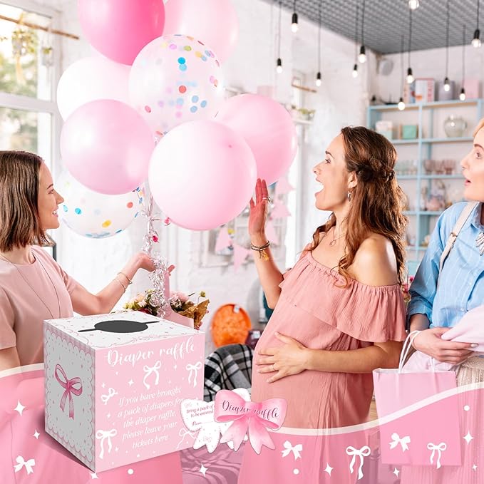 Pink Bow Baby Shower Decorations, Diaper Raffle Box for Baby Shower with 50PCS Cards Kids' Party Banners Game for Girl, Pink Bow Baby Shower Decorations Baby Shower Raffle Tickets