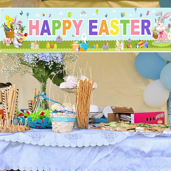 Happy Easter Banners Easter Banners for Outside Garden, Large Long Spring Bunny Banner Egg Hunt Decorations Butterfly Flower for Indoor Easters Theme Party Rustic Lawn Sign