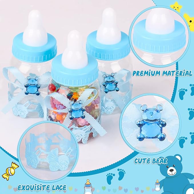 MACTING Baby Bottle for Baby Shower Favors, 4Dozens Mini Candy Bottles with 10pcs Artificical Flowers for Boys Girls Newborn Party Centerpiece Decorations(Blue)
