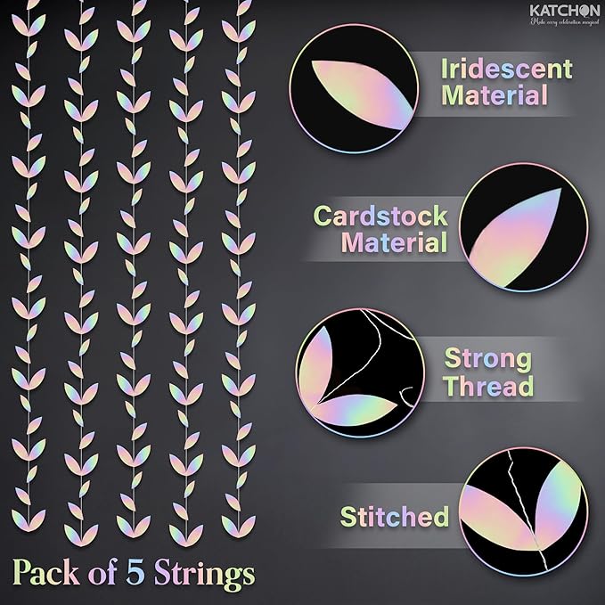 KatchOn, Iridescent Leaf Garland - Pack of 5 | Holographic Hanging Leaves Party Decorations | Girls Birthday Decorations, Bridal Shower Decorations | Anniversary Decorations, Euphoria Party Decoration
