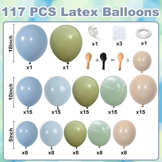 Dusty Blue Sage Green Balloons Garland Arch Kit, 117 Pcs Double Stuffed Fog Blue Light Blue Green Sand White Balloons for Baby Shower Bridal Shower Birthday Wedding Anniversary Ocean Party Decorations