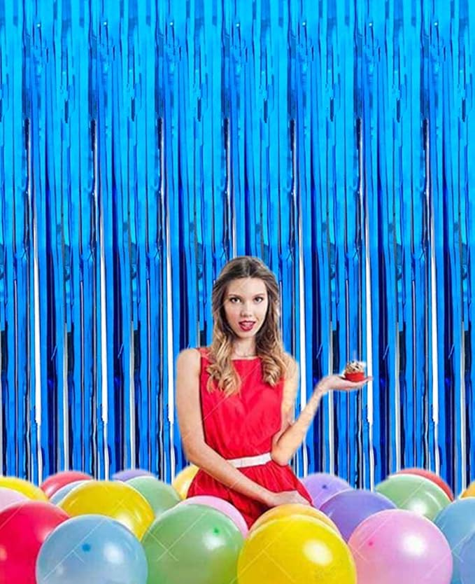 2 Pcs 3.2ft x 8.2ft Shiny Blue Metallic Tinsel Foil Fringe Curtains Photo Booth Backdrop for Birthday Wedding Holiday Celebration Bachelorette Party Décor