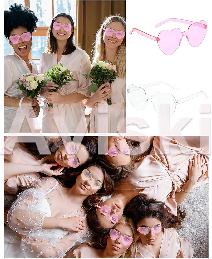11 Pairs Heart Shaped Glasses Rimless Frameless Sunglasses Transparent Tinted Eyewear, 1 Bride + 10 Team Bride Glasses Bachelorette/Wedding Party Bridal Shower Party Favours Photo Booth Props