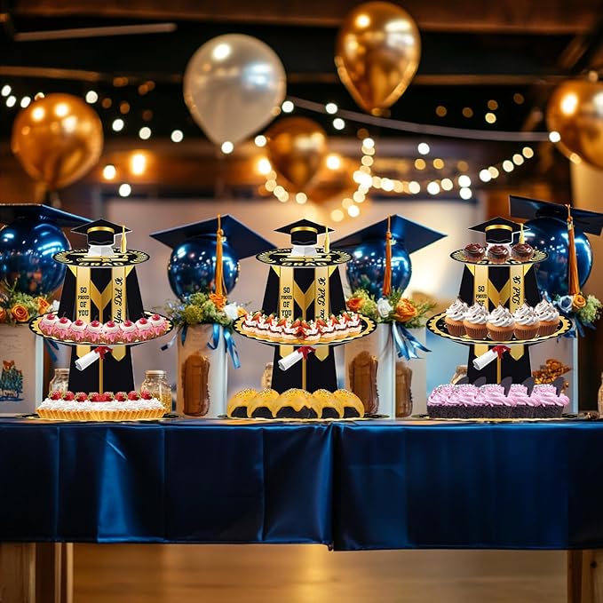 Graduation Cupcake Stand for 25 Cupcakes, Class of 2026 Congrats Dessert Collapsible 3 Tier Holder for Grad Party Black and Gold, Disposable Cardboard Stand Display Tower Graduation Cap Decorations Supplies for College School