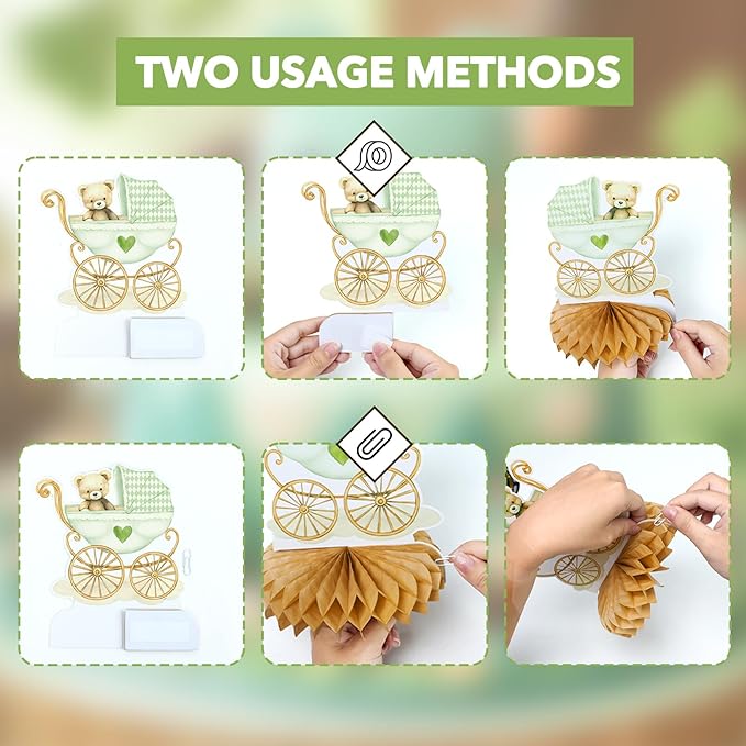 8Pcs Bear Baby Shower Decorations Honeycomb Centerpieces for Boy, Confetti Baby Shower Table Decorations Birthday Party Table Centerpieces Toppers Party Decor (Green)
