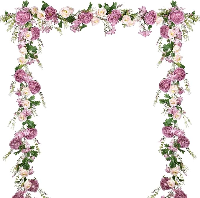 Lvydec 2 Pack Artificial Peony Flower Garland - 6ft Silk Peony Red Flower Garland Arch Flower Vine for Wedding Party Table Decoration (2, Deep Ruby red)