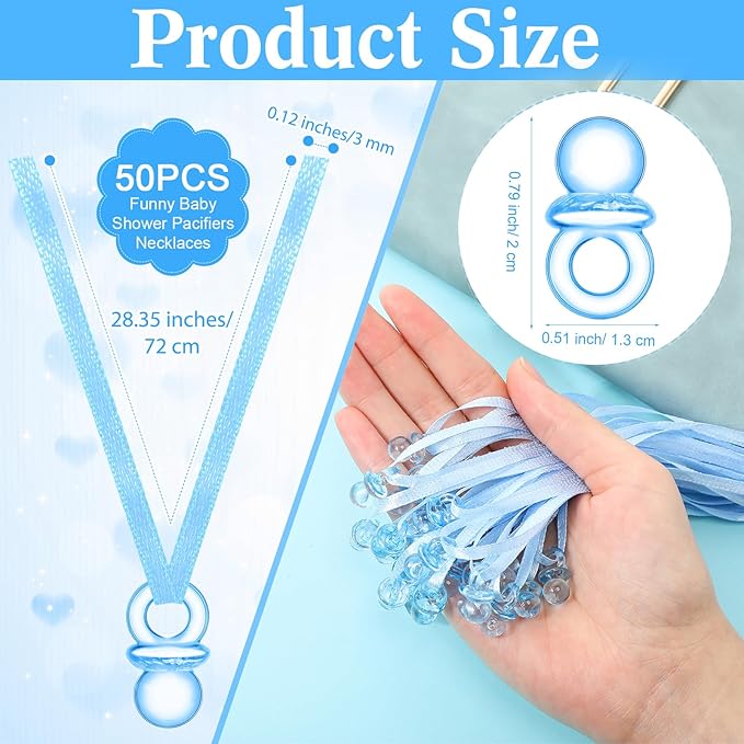 Geetery 51 Pcs Don't Say Baby Game Sign Cool Baby Shower Game 50 Pacifier Necklace Wooden Don't Say Sign Plastic Pacifier Party Favor for Gender Reveal(Woodland,Blue)