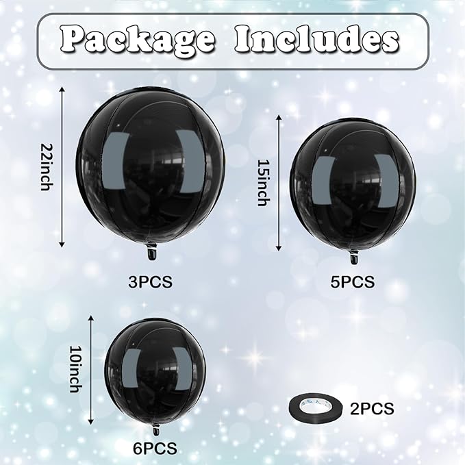 14 Pcs Black Round Foil Balloons 22/15/10 Black 4D Ball Balloons Ornament Mylar Balloon for Birthday Graduation Wedding Anniversary Bachelorette Baby Shower New Year Disco Party Decorations
