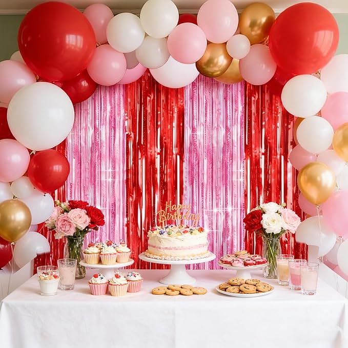 4 Packs Pink and Red Foil Fringe Curtain, Pink Red Metallic Tinsel Backdrop for Birthday, Baby Shower, Princess Bachelorette Party, Valentines Party Decorations Supplies