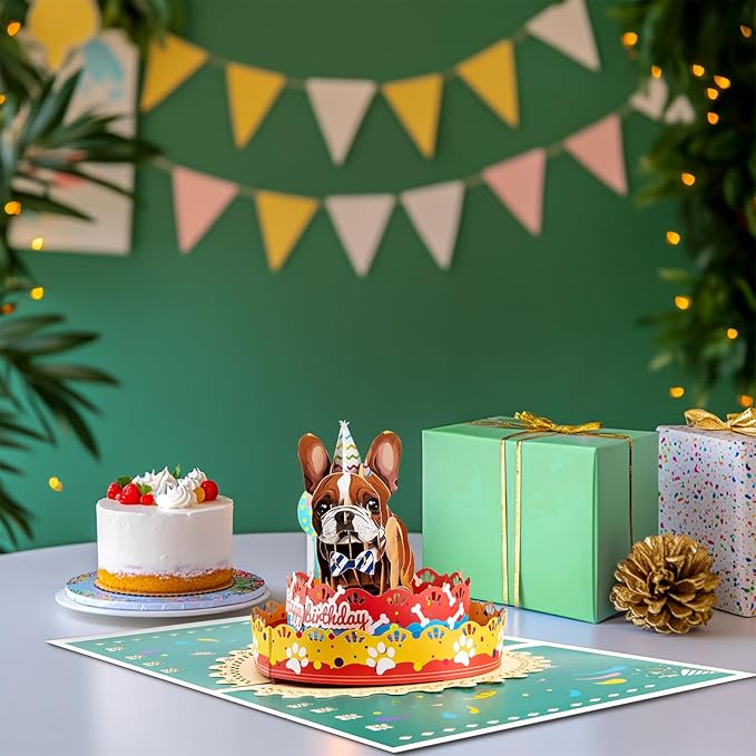 French Bulldog Pop Up Happy Birthday Greeting Card, ideal love Gift for Adult and Kid with Blank Note & Envelope, Foldable Celebration for Daughter, Son, Mom, Dad, Friend, Children