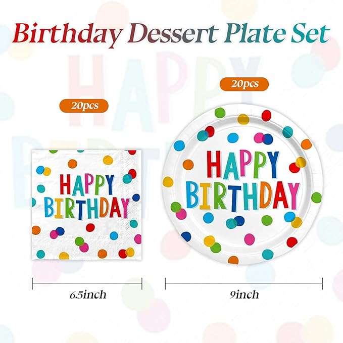 40PCS Happy Birthday Party Plates and Napkins, Happy Birthday Desserts Plates Disposable Rainbow Dots Tableware Supplies for Adults and Kids Party Decorations