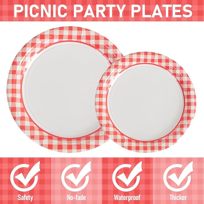 168PCS Party Plates, Scalloped Gingham Paper Plates and Cups and Napkins Sets Party Supplies for Birthday Wedding Bridal Shower Baby Shower Picnic, Serve for 24 Guests (Red Gingham)