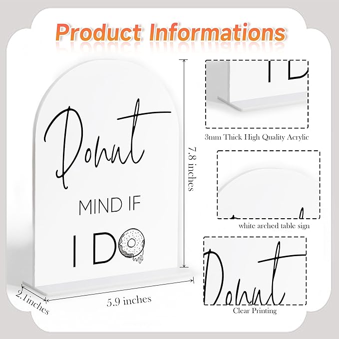 Donuts Table Sign, White Arch Acrylic Wedding Sign, Donut Decor, Wedding Signs for Ceremony and Reception, Bridal Shower Decor, Centerpiece Table Decorations Party for Bride and Groom-3