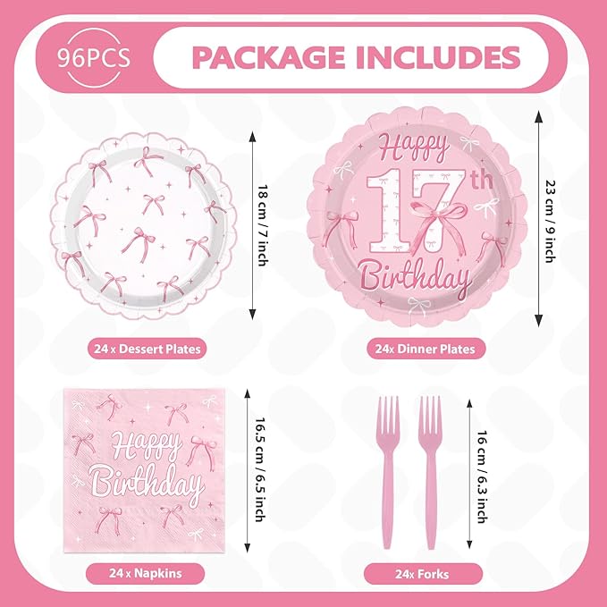 96Pcs Pink Bow Party Supplies Coquette 17th Birthday Party Plates and Napkins Disposable Bow Themed Tableware Set for Girl Happy 17th Birthday Baby Shower Decorations, Serves 24