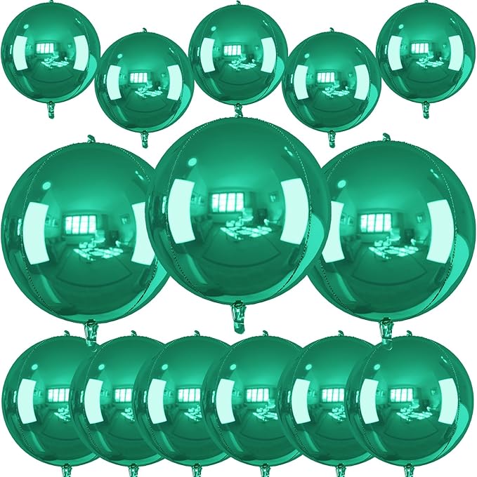 14 Pcs Green Round Foil Balloons 22/15/10 Hunter Emerald Forest Green Metallic 4D Ball Balloon Ornament Mylar Balloon Chrome Birthday Grad Wedding Anniversary Safair New Year Disco Party Decor
