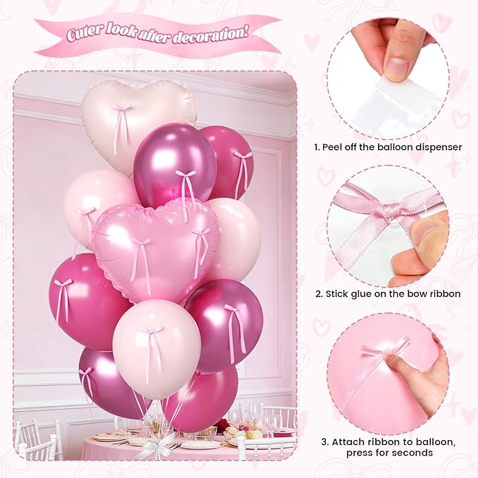 Pink Heart and Bow Balloons, 38 Inch Bow Balloons, Hot Pink Metallic Balloon Helium with Bow Ribbons for Anniversary Engagement Birthday Wedding Bridal Baby Shower Valentines Day Decorations
