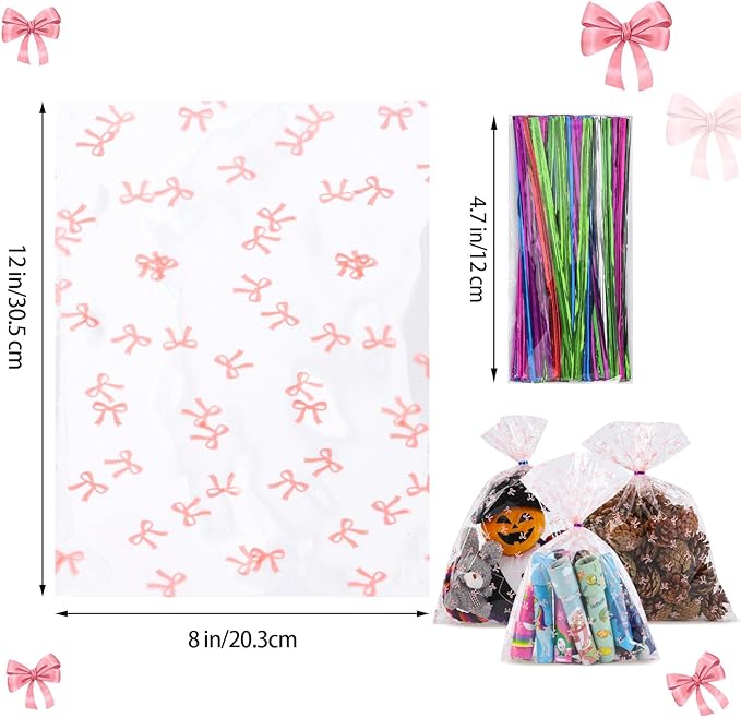 SOMIOCO Clear 100 PCS 8X12 In Cello Cellophane Treat Bags Party Favor Bags Pink Candy Cookie Bags Clear Plastic Gift Goodie Bags with Twist Tie for Birthday,Baby shower,Wedding(Bow pattern)