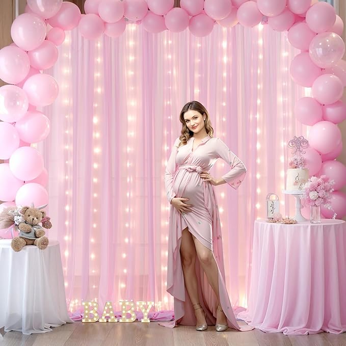 10x10ft Pink Chiffon Backdrop Curtain with Lights String for Wedding Sheer Tulle Curtain Photo Backdrops Drapes for Baby Shower Birthday Party Home Ceremony Decorations