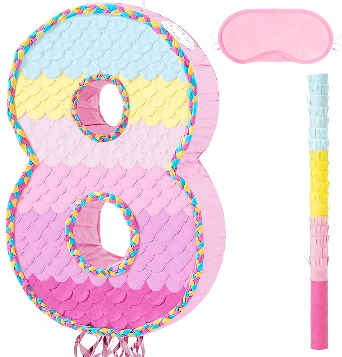 WERNNSAI Number 8 Piñata – Pink 8th Birthday Party Decorations Rainbow Ombre Eight Piñata for kids girls with Blindfold and Stick for 8 Year Birthday Supplies Princess Anniversary Decoration